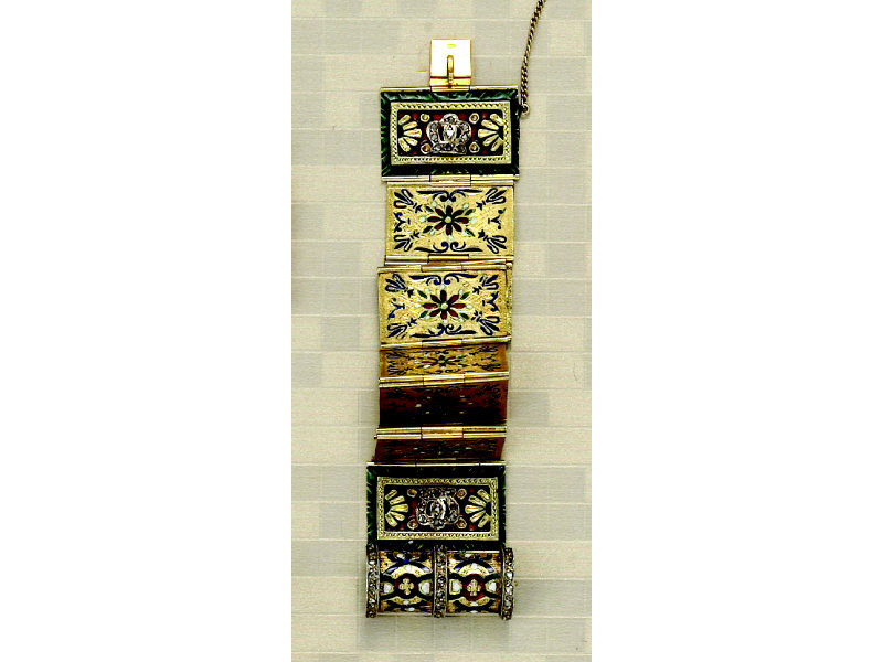 Appraisal: ANTIQUE ENAMEL AND DIAMOND BRACELET k yellow gold with panel