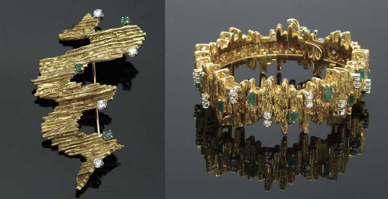 Appraisal: K GOLD DIAMOND AND EMERALD BROOCH AND BRACELET SET Both