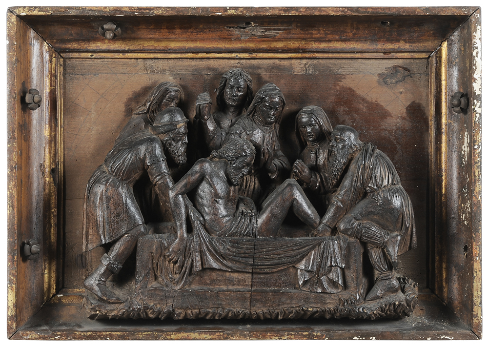 Appraisal: German School th century Entombment of Christ relief-carved wood -