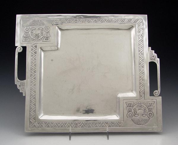 Appraisal: MEXICAN SILVER HORS D'OEUVRE TRAY Aztec engraved designs with handles