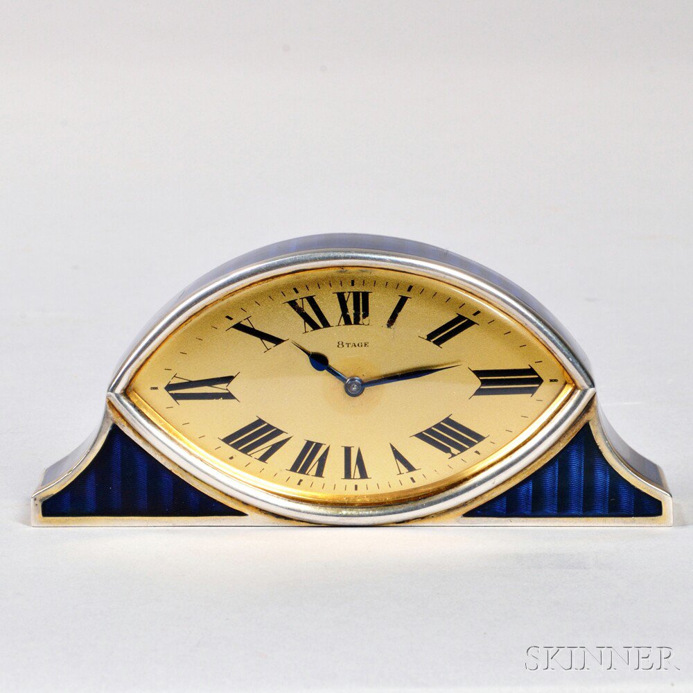 Appraisal: Silver and Enamel Desk Clock c elongated oval case with