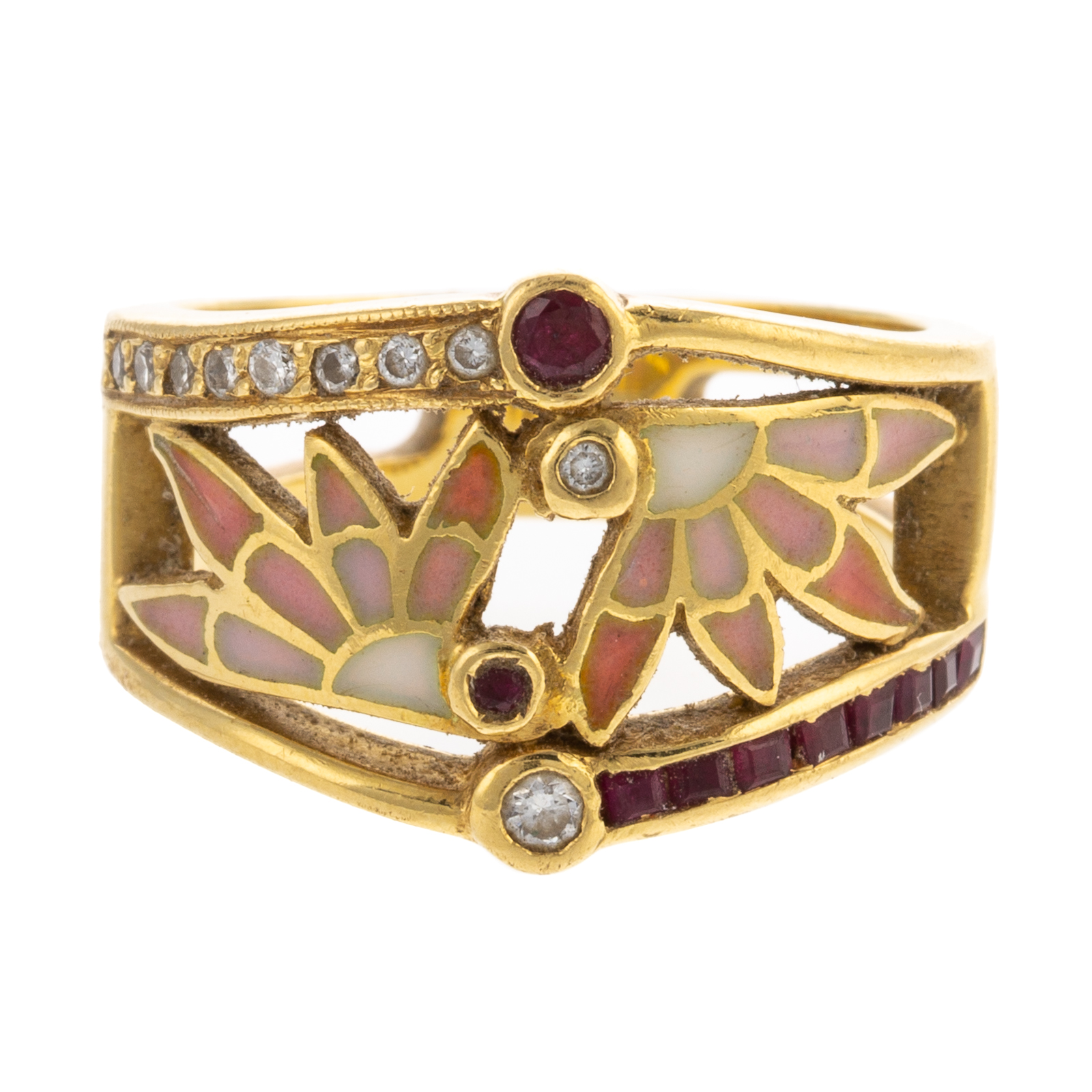 Appraisal: AN K MASRIERA PLIQUE-A-JOUR DIAMOND RUBY RING K yellow gold