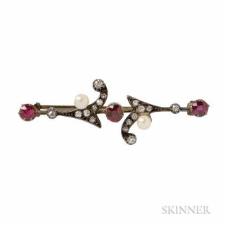 Appraisal: Antique Ruby and Diamond Brooch set with cushion-cut rubies old