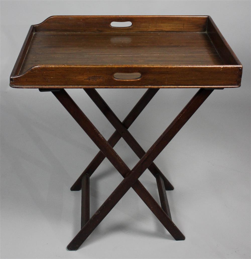 Appraisal: GEORGIAN MAHOGANY BUTLER'S TRAY ON STAND galleried rectangular tray with