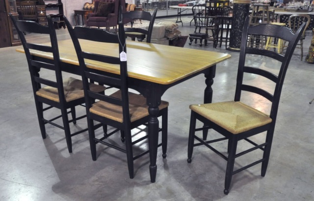 Appraisal: Oak Dining TableWith black-painted base with turned legs x x