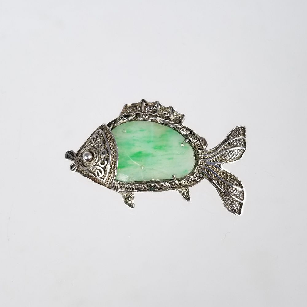 Appraisal: Silver Jadeite Fish Pendant Silver Jadeite Fish Pendant Marked verso