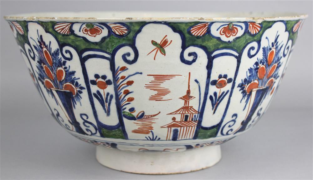 Appraisal: DUTCH DELFT POLYCHROME DECORATED PUNCH BOWL th C of deep