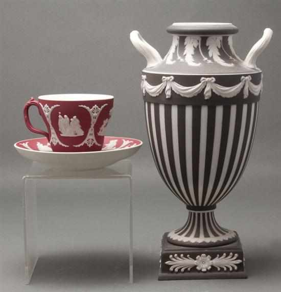 Appraisal: Wedgwood black and white jasperware urn and a maroon and