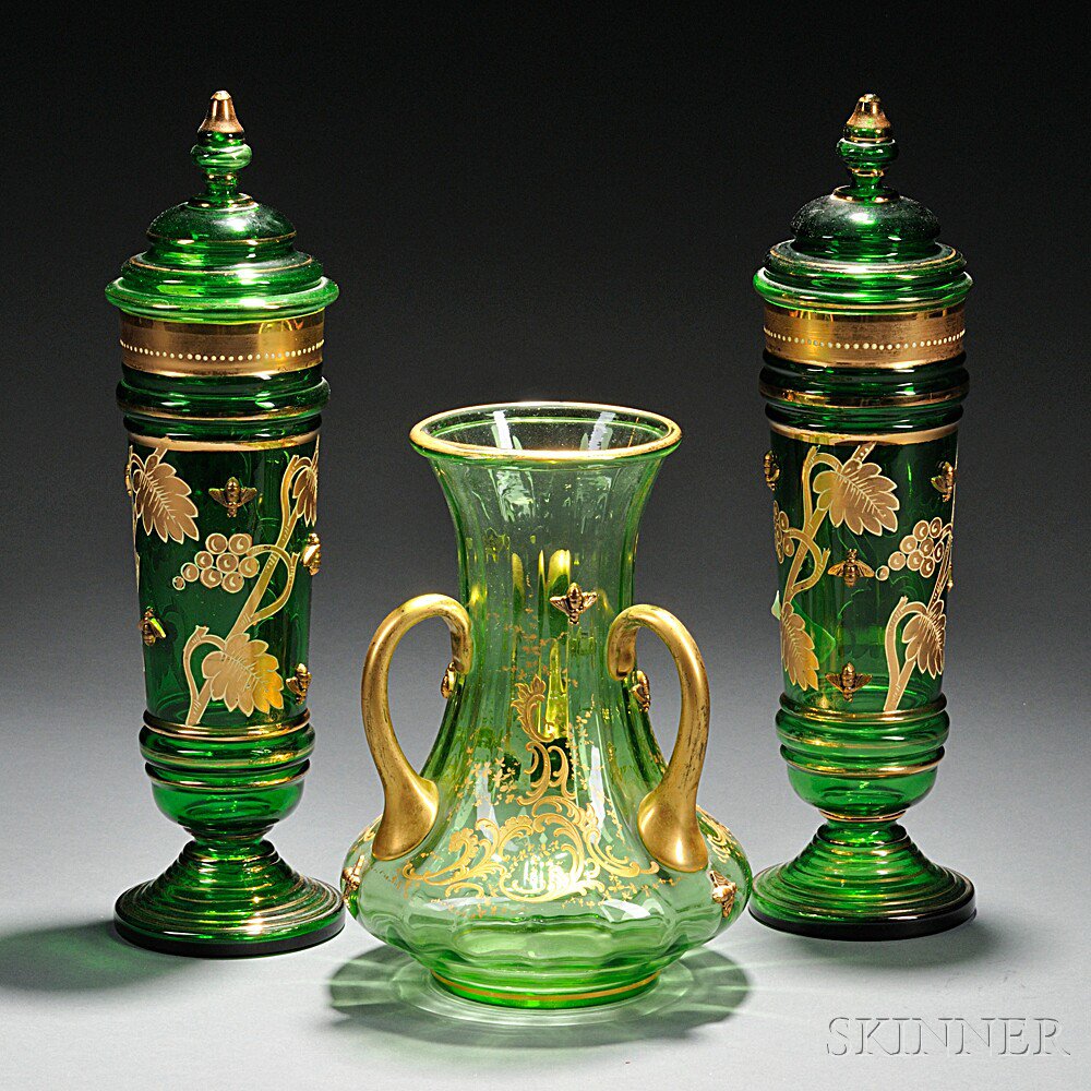 Appraisal: Three Bohemian Gilded Green Glass Vases late th early th