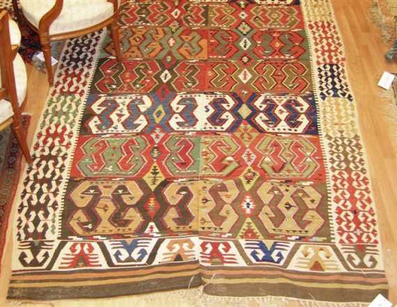 Appraisal: KILIM antique Horizontally striped central field with a geometric pattern