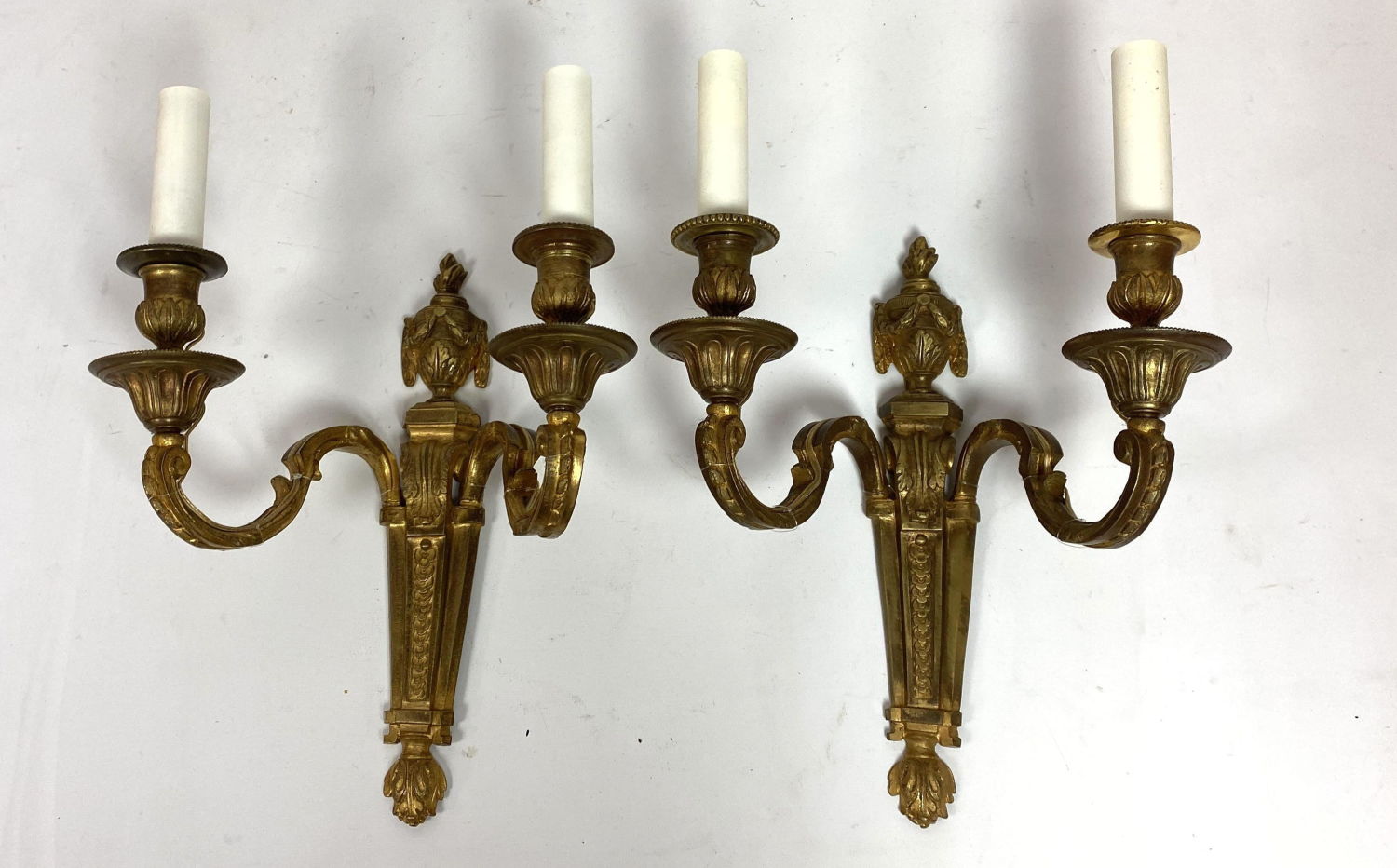 Appraisal: Pair Classical Gilt Bronze Wall Sconces with Urn Tops Dimensions