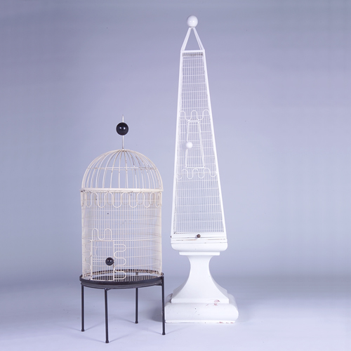 Appraisal: FREDERICK WEINBERG ETC Two birdcages one obelisk-shaped by Frederick Weinberg