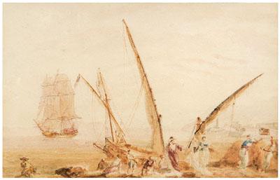 Appraisal: Nicholas Pocock watercolor British - Figures on the Shore near