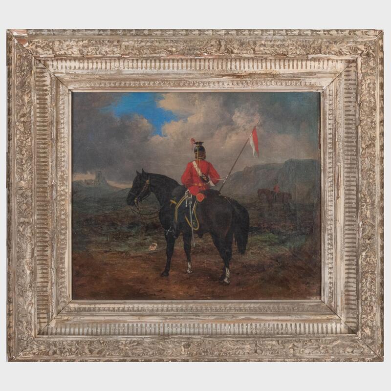 Appraisal: European School Color Guard on Horseback Oil on canvas unsigned