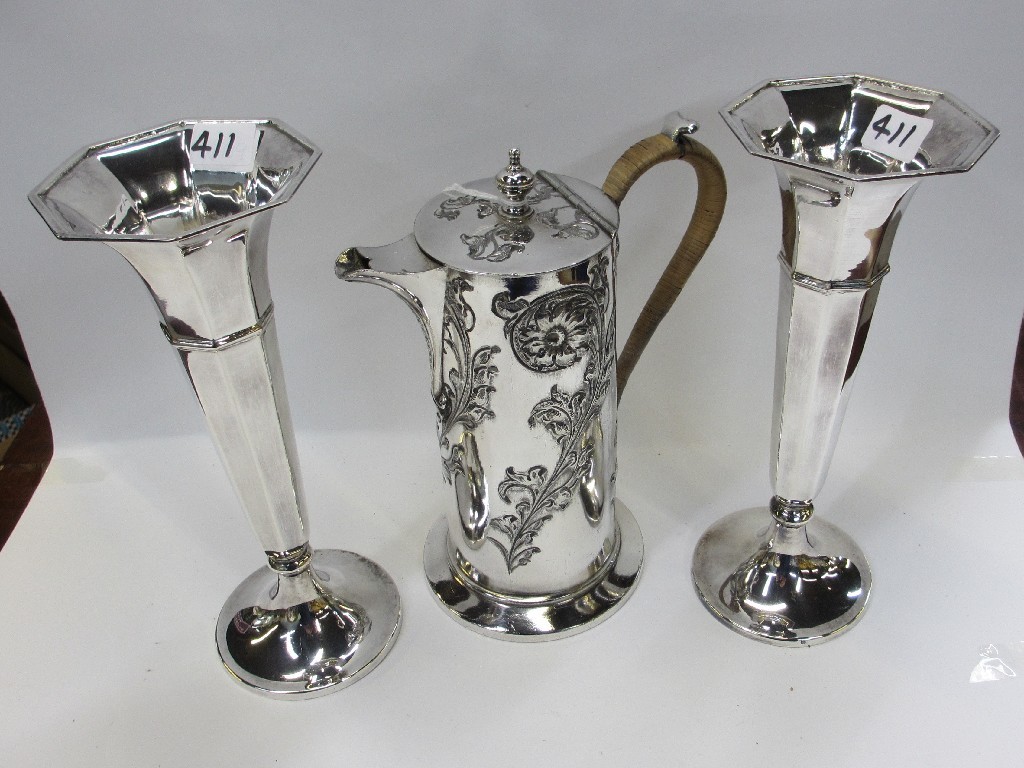 Appraisal: Lot comprising pair of silver plated vases and a hot