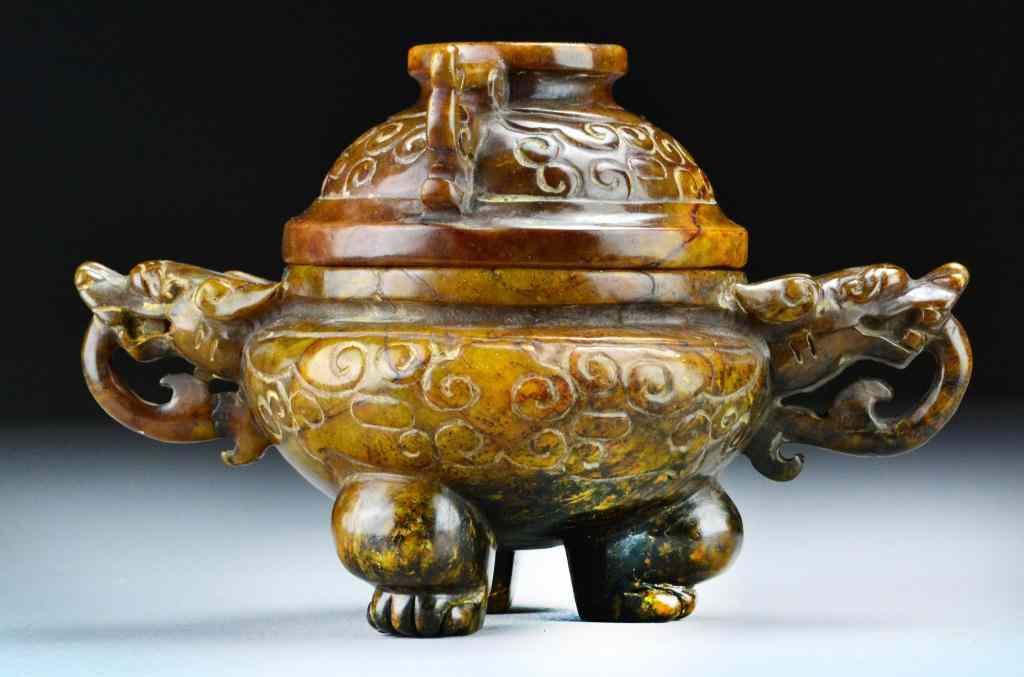 Appraisal: Chinese Carved Hardstone Tripod CensorRaised on three dragon feet the