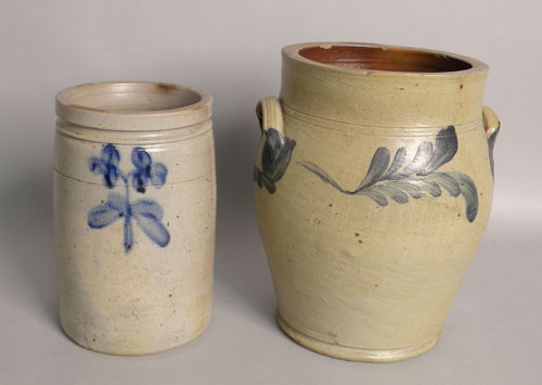 Appraisal: Two stoneware crocks th c with cobalt decoration h h