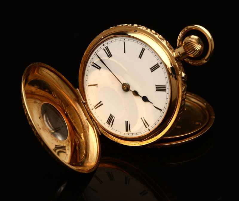 Appraisal: An English K gold demi-hunter pocket watch The white porcelain