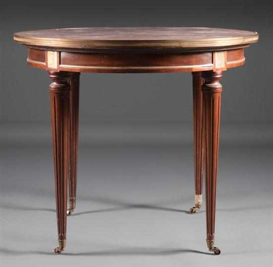 Appraisal: Louis XV style brass inlaid mahogany marble top table de