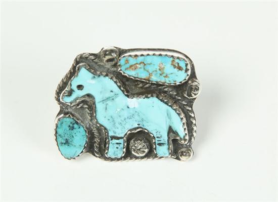 Appraisal: ZUNI RING Turquoise and silver ring depicting a horse Late