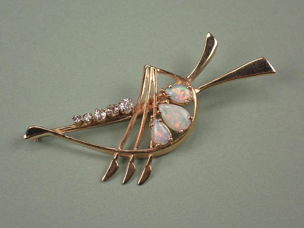 Appraisal: DIAMOND OPAL AND FOURTEEN KARAT GOLD PIN created by J