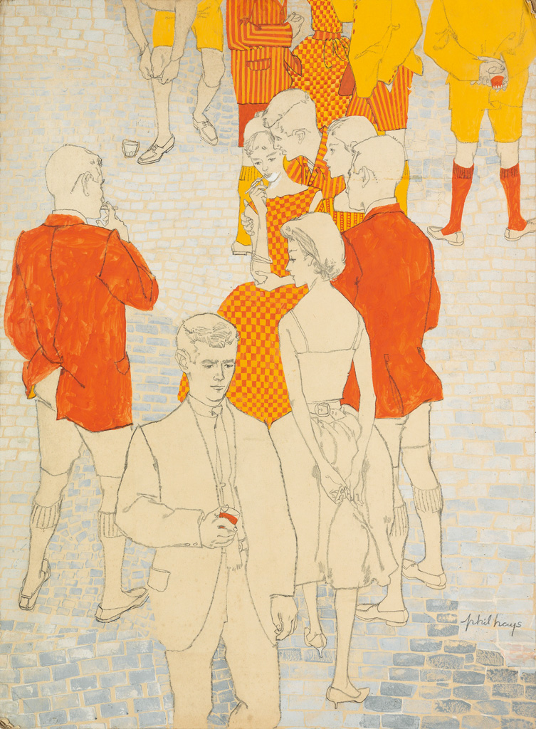 Appraisal: PHIL HAYS Outdoor reception figures in orange Graphite and gouache