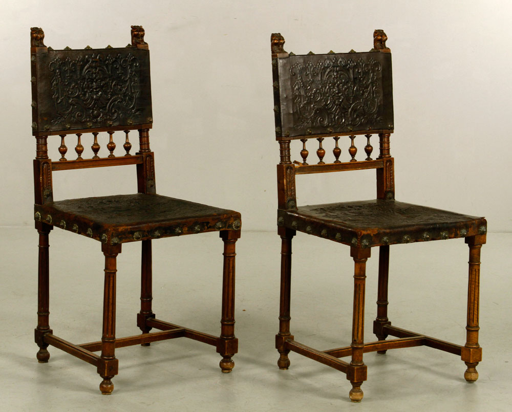 Appraisal: - Pr th C Italian Tooled Leather Chairs Pair of