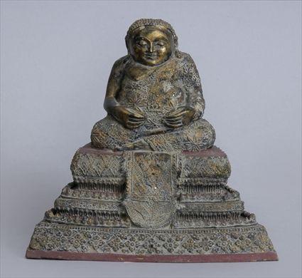 Appraisal: THAI SAWANKALOKE PAINTED AND PARCEL-GILT BRONZE FIGURE OF A MONK