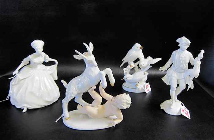 Appraisal: FOUR GERMAN PORCELAIN FIGURES a Rosenthal dancing lady in curtsy