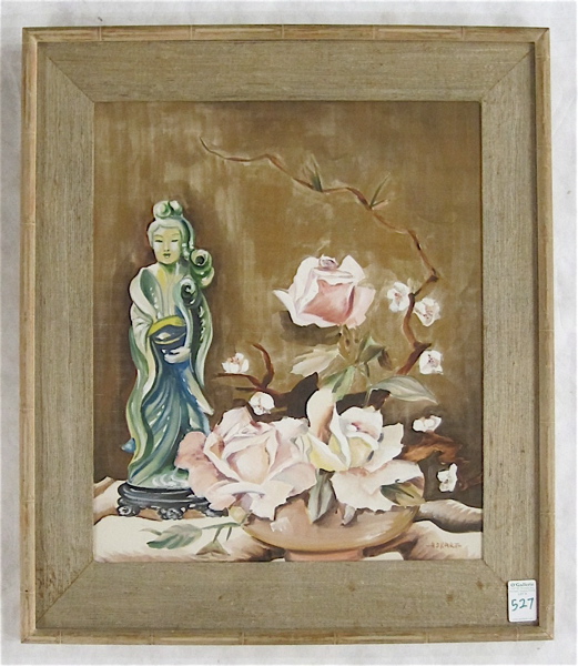 Appraisal: MIXED MEDIA STILL-LIFE pink roses cherry blossoms and a Chinese