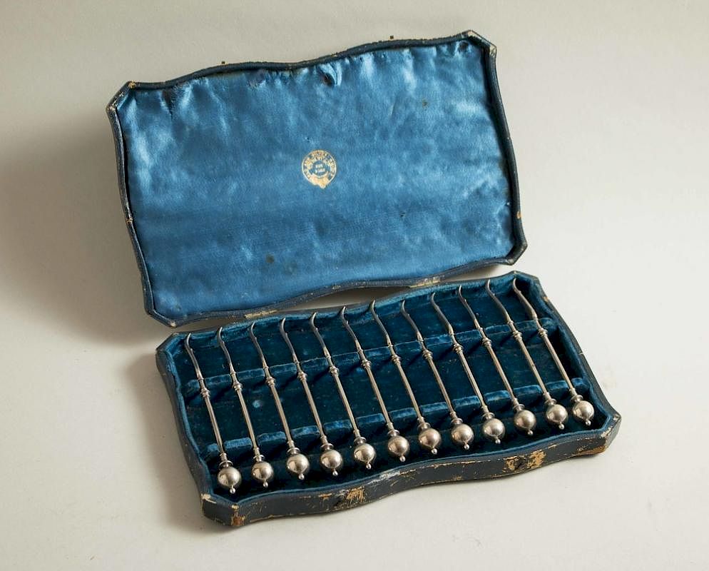 Appraisal: George Sharp Cased Silver Nut Picks retailed Tiffany Co Tiffany