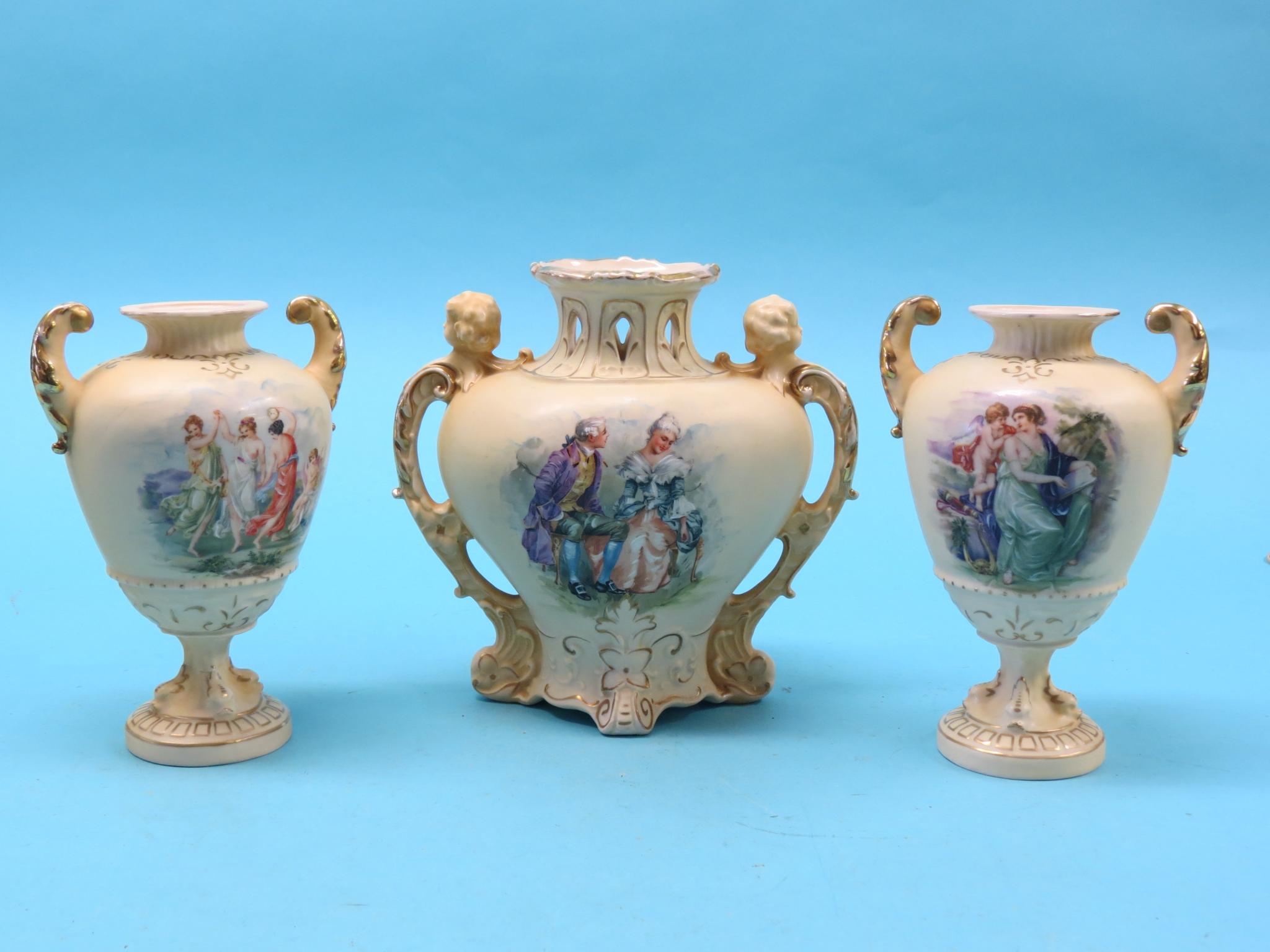 Appraisal: A garniture of three Royal Dux vases colour-printed with classical