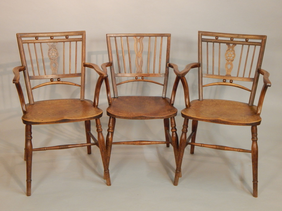 Appraisal: Three yew ash and elm Mendlesham type Windsor chairs each