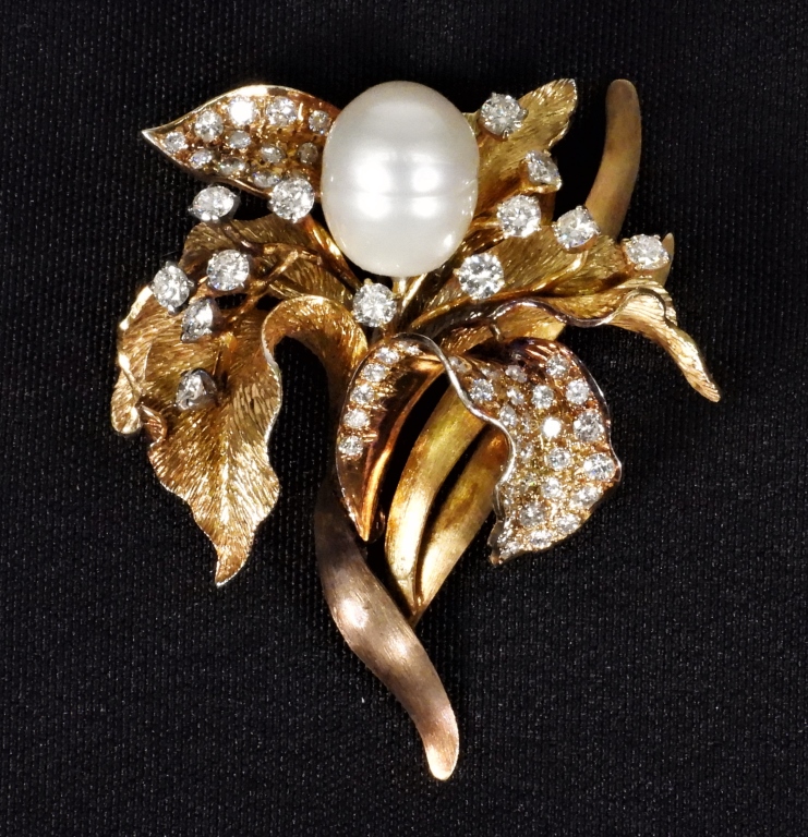 Appraisal: K GOLD DIAMOND PEARL LILY BROOCH K yellow gold large