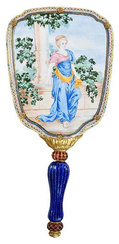 Appraisal: Enameled and Jeweled Hand Mirror Continental th century hand painted