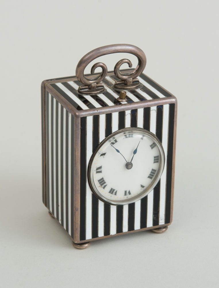 Appraisal: VALME-STRIPE ENAMEL-MOUNTED SILVER MINIATURE CARRIAGE CLOCK The hinged back marked