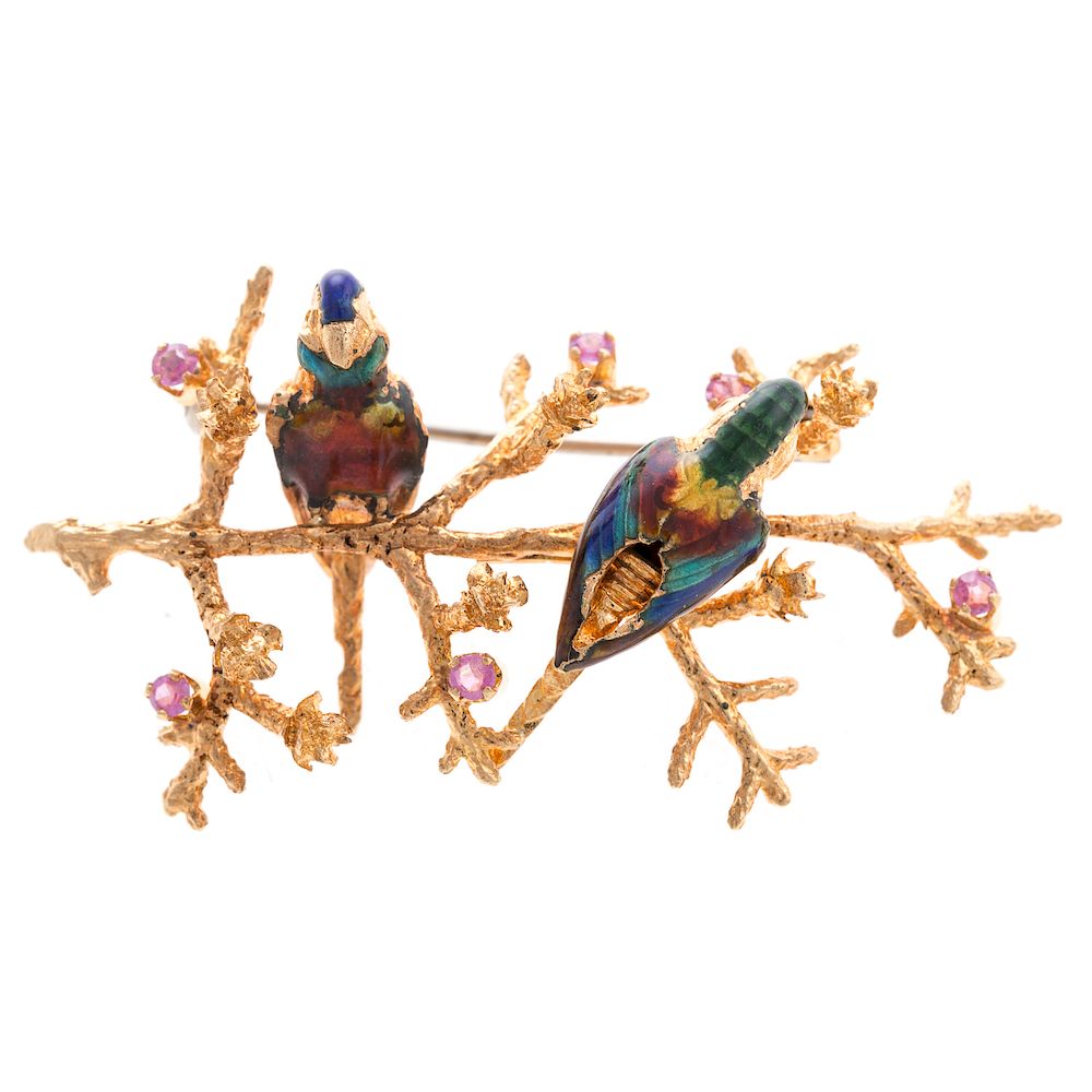 Appraisal: A Ladies Vintage Enamel Brooch with Birds in K K