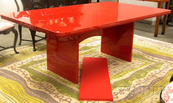 Appraisal: Modern Red Laminate Double-pedestal Dining Table rectangular top with three