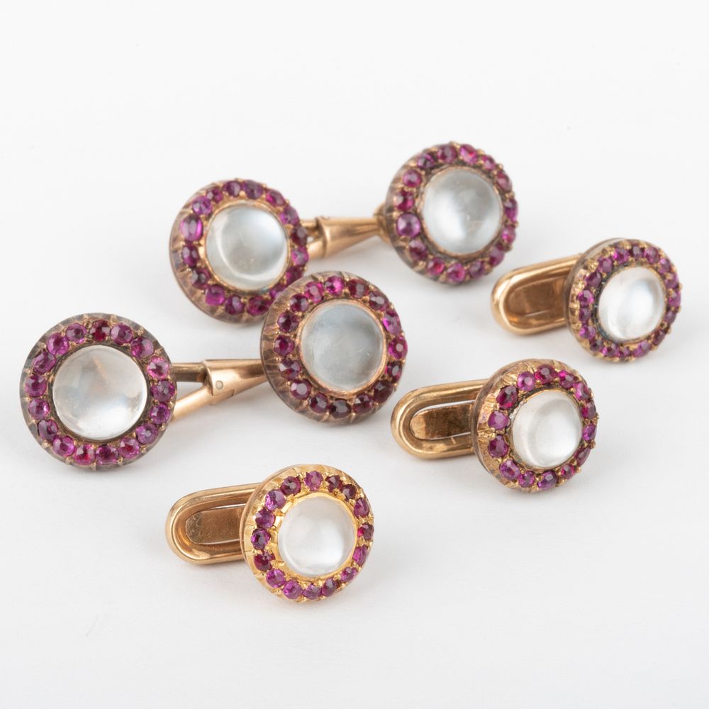 Appraisal: k Gold Moonstone and Ruby Dress Set With hallmarks in