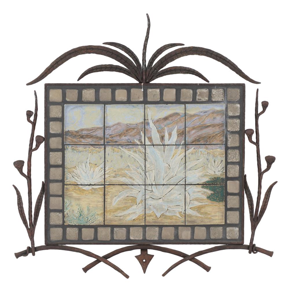 Appraisal: BUSCHERE SON IRON FRAMED TILE LANDSCAPEdepicting an agave plant x