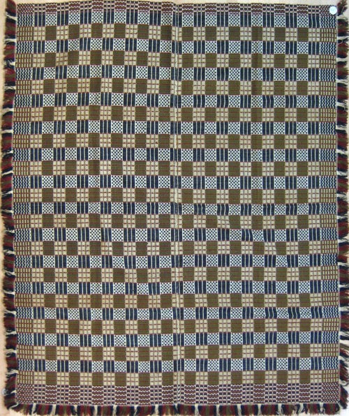 Appraisal: Olive blue and maroon overshot geometric coverlet early th c