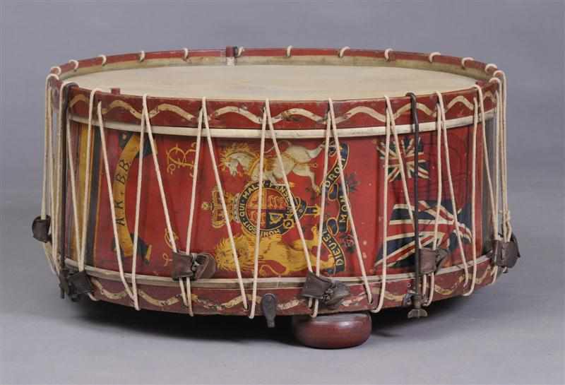 Appraisal: VICTORIAN PAINTED PARADE DRUM With hide surface and rope ties