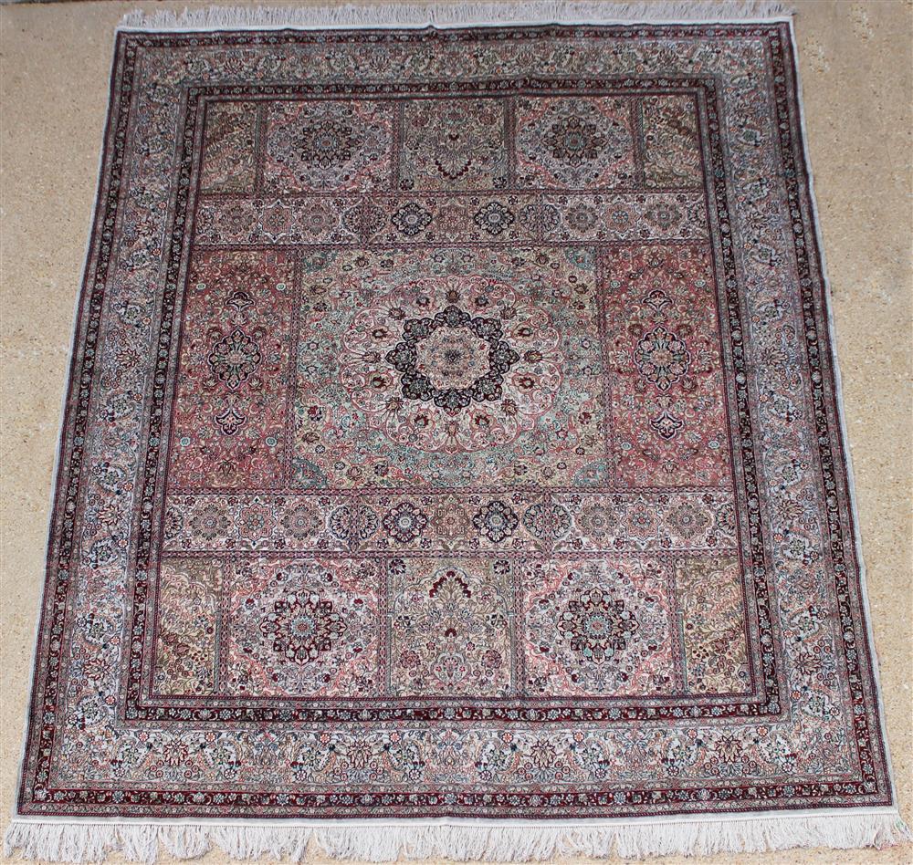 Appraisal: CHINESE SINO-PERSIAN SILK TABRIZ RUG silk fringe to both ends