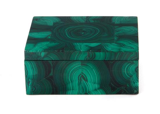 Appraisal: English malachite and silver-gilt box London geometric-veneered hinged top on