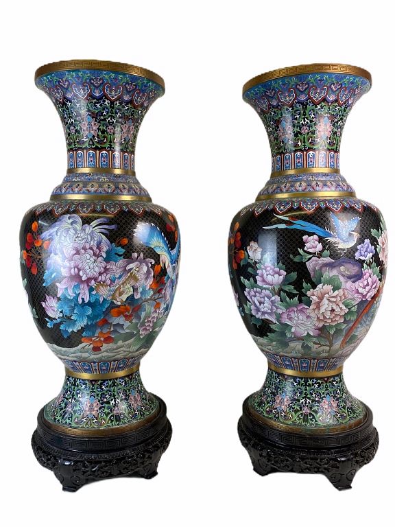 Appraisal: LARGE Cloisonne Vases With Wooden Stands Chinese LARGE Cloisonne Vases