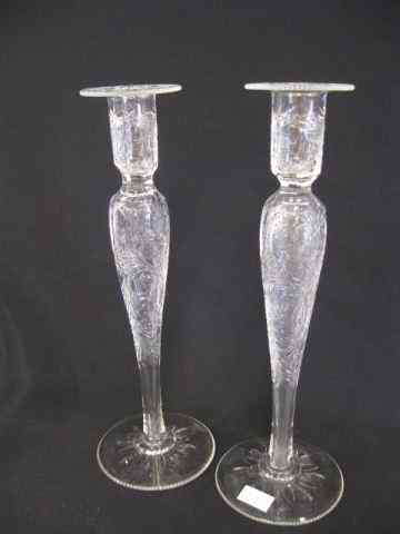 Appraisal: Pair of Cut Engraved Glass Tall Candlesticks '' tall elaborate