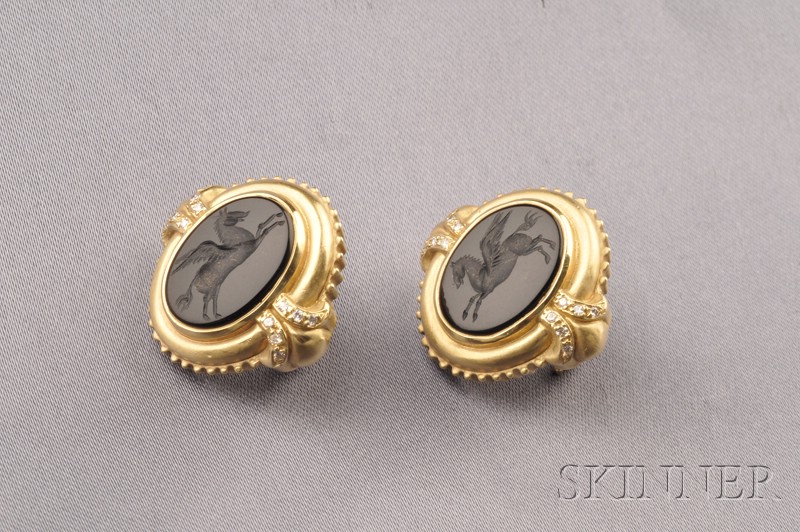 Appraisal: kt Gold Hardstone Intaglio and Diamond Earclips each depicting Pegasus