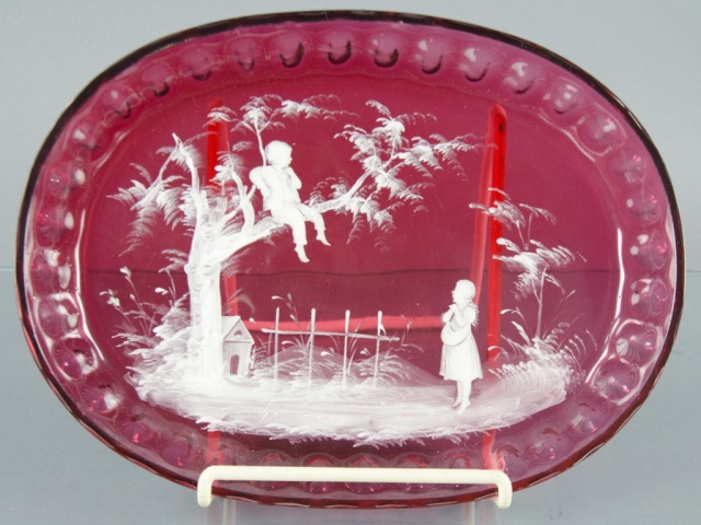 Appraisal: Mary Gregory Cranberry Dresser TrayEnamel decorated with scene of a