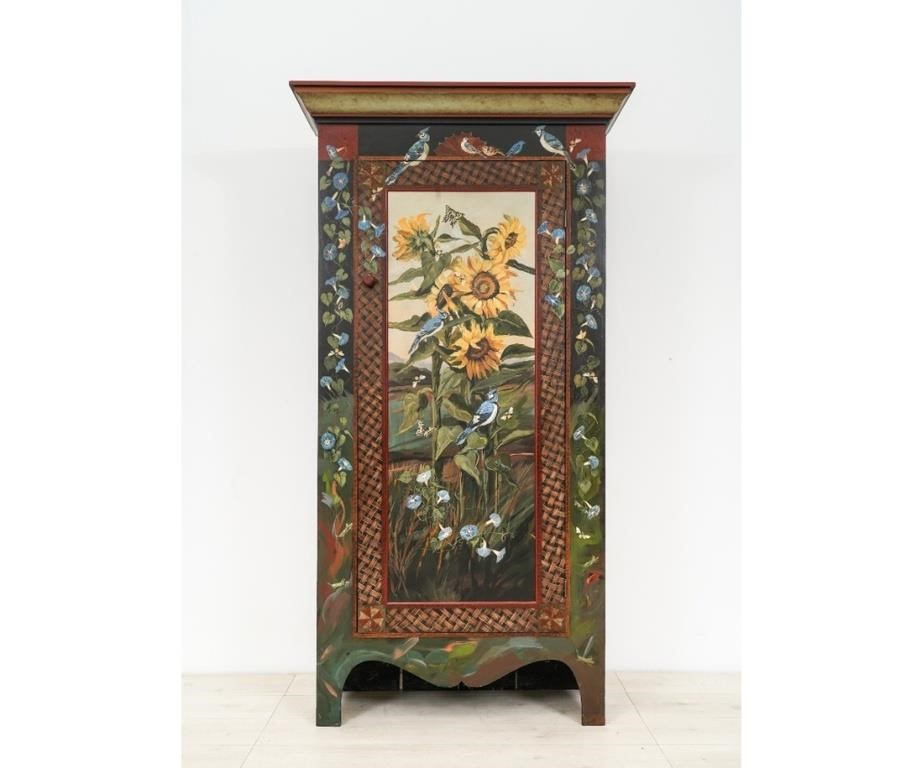 Appraisal: Contemporary pine cupboard painted with flowers birds and insects h