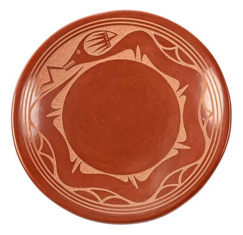 Appraisal: Tony Da Etched Redware Plate San Ildefonso - signed on